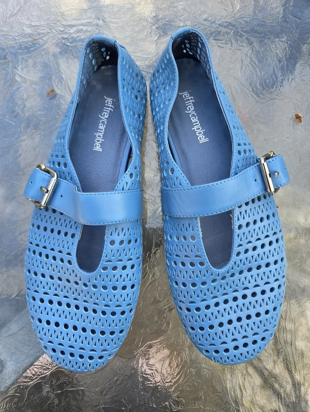 Jeffrey Campbell Blue Perforated Laser Cut Mary Ballet Jane Flats Buckle Strap - Picture 9 of 9